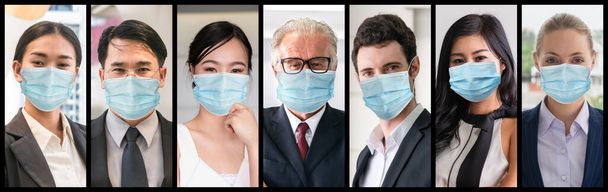 Різні люди з маскою обличчя захищені від Coronavirus або COVID-19 photo set in banner concept of person fighting 2019 coronavirus disease COVID-19 pandemic outbreak. - Фото, зображення