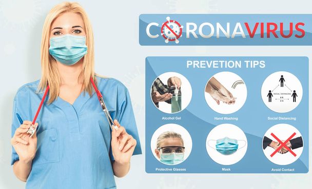 Covid-19 Coronavirus prevention tips use for people to stay safe from infection of covid-19. Advice includes social distancing, wearing face mask and hygiene care to disinfect coronavirus. - Photo, Image