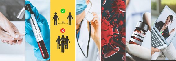 Coronavirus COVID-19 news story summary photo set in concept of covid-19 effects to people life behavior, economy, social and medical service caused by outbreak of 2019 coronavirus disease. - Photo, Image