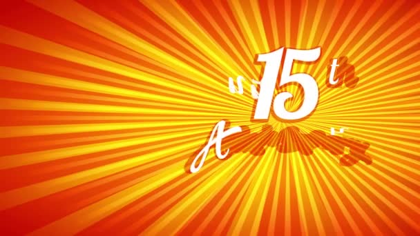 Smooth Animation With Spring And Spin Effect Of 15Th Anniversary Event Headline With Sunburst Behind Classic Lettering Suggesting Its An Anticipated Occasion For Many People - Footage, Video