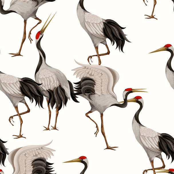 Seamless pattern with Japanese white cranes. Oriental wallpaper. - Vector, Image