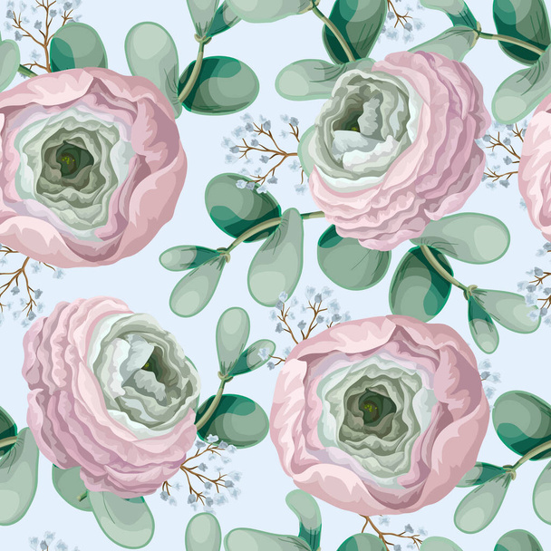Seamless pattern with delicate ranunculus, eucalyptus and wild flowers . Vector. - Vector, Image