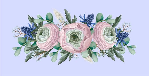Bouquet with delicate ranunculus, eucalyptus and wild flowers . Vector. - Wektor, obraz