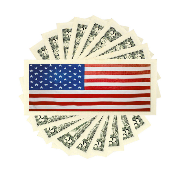 Drapeau des États-Unis d'Amérique États-Unis en nous billet de deux dollars. 4 juillet Joyeuse fête de l'indépendance
. - Photo, image
