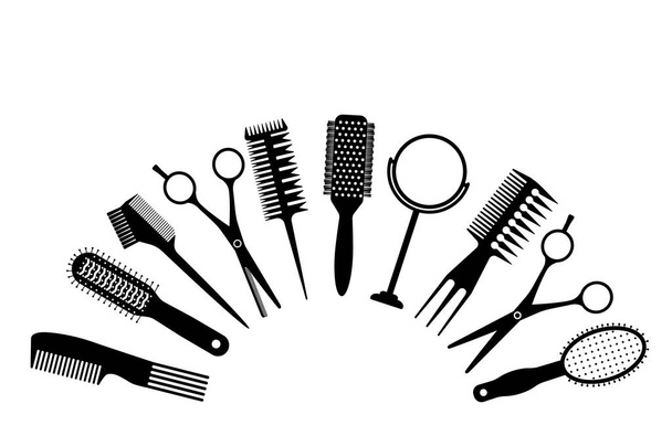 Un gran conjunto de herramientas para la peluquería o peluquero. silueta negra. Ilustración vectorial plana aislada sobre fondo blanco
. - Vector, imagen