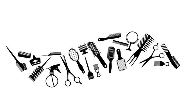 Eine große Auswahl an Werkzeugen für den Friseur oder die Pflegerin. schwarze Silhouette. Flache Vektordarstellung isoliert auf weißem Hintergrund. - Vektor, Bild