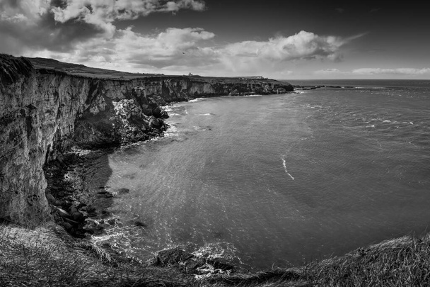 B&w image of dramatic coast line with clouds and quiet sea n northern ireland. Landscapes and sea. 2020 - Photo, Image