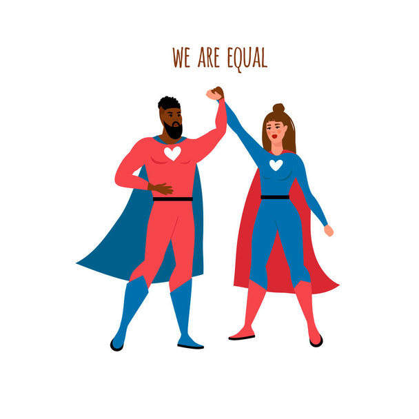 People with different skin colors in the form of superheroes. Stop racism. Black lives matter, we are equal. No racism concept. Flat style. Vector. - Vector, Image