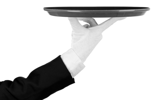 Empty tray in hand waiter isolated on white - Fotó, kép