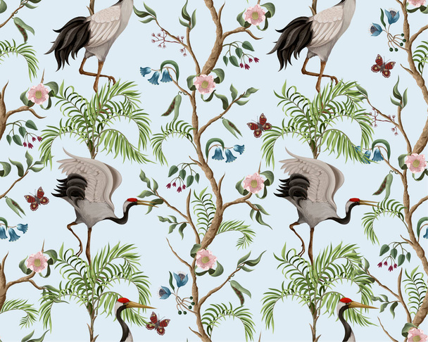 Seamless pattern with peony bushes and cranes in chinoiserie style. Vector. - Vector, Image