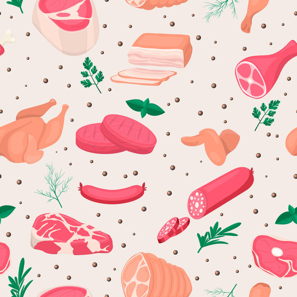Vector Seamless Pattern with Fresh Pieces of Raw Meat, Chicken, Sausage, Rib Eye, Tenderloin Fillet, Ham, Bacon, Greens Isolated in Cartoon Style. Food, BBQ Concept, Design Template for Menu, Shop - Vetor, Imagem