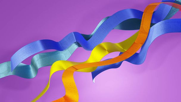Naisellinen, nuori, energinen muotoilu. Sininen, keltainen ja oranssi nauhat heiluttaa yli violetti tausta. Abstrakti 3D-muotoilu. - Valokuva, kuva