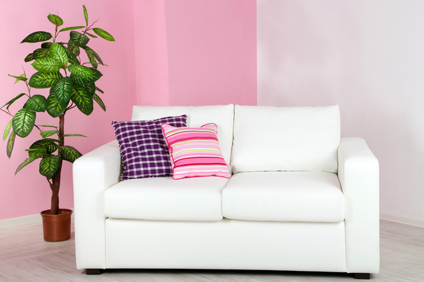 White sofa in room on pink wall background - Photo, Image