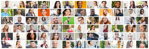 Különböző többnemzetiségű, őszinte emberek kollázsa, akik színes háttér felett mosolyognak - Fotó, kép