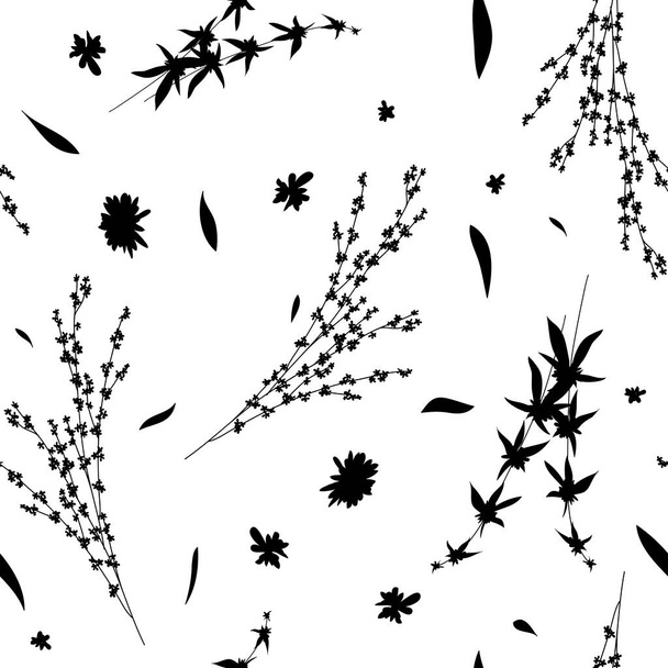 Silhouettes herbarium monochrome floral seamless pattern. Wild branches, leaves, flowers scattered random.  - Вектор, зображення
