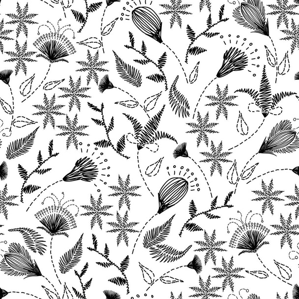 Monochrome floral embroidery seamless pattern. Sketch hand drawn botanical motifs. Doodle line, dash garden flowers - Vecteur, image