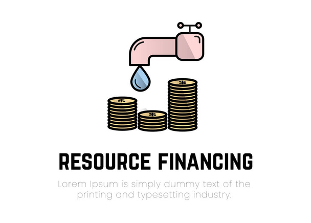 Finanzen. Finanzdienstleistungen. Ressourcenfinanzierung. Illustration Logo eines Tropfens, der aus einem Wasserhahn fällt, darunter Stapel von Münzen, Inschrift Ressourcenfinanzierung, Text - Vektor, Bild