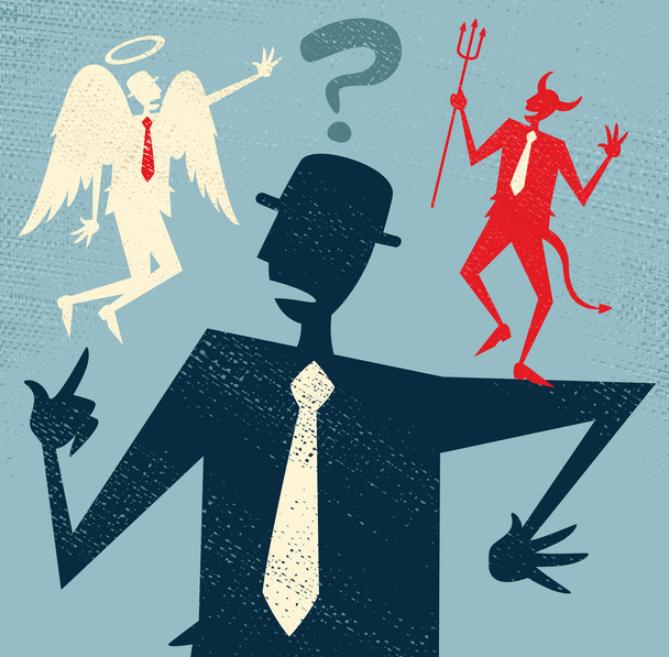 Абстрактный бизнесмен имеет моральную дилемму
 - Вектор,изображение