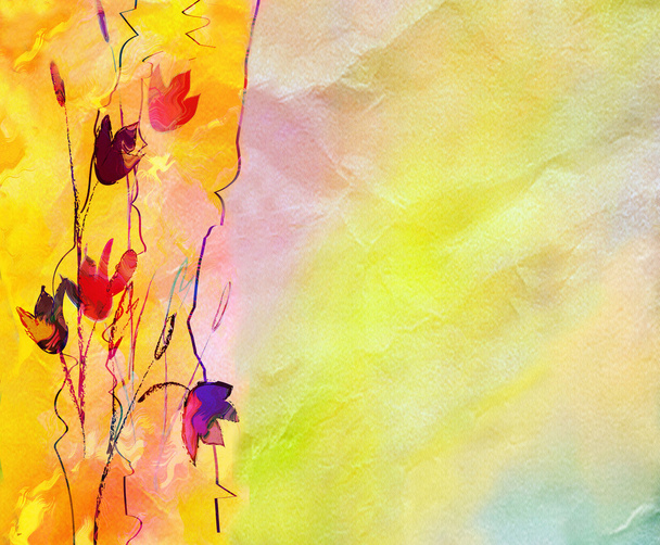 Tarjeta floral de invitación con flores abstractas de campana sobre fondo arrugado colorido
 - Foto, imagen