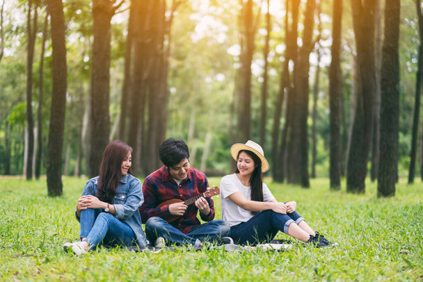 Um grupo de jovens tocando ukulele enquanto sentados juntos no parque - Foto, Imagem