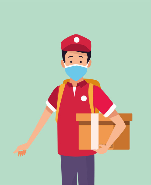 delivery service worker wearing medical mask and box - Vector, Image