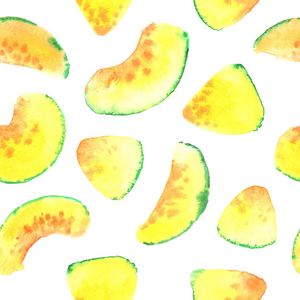 Melon slices watercolor on a white background. Seamless pattern - Φωτογραφία, εικόνα