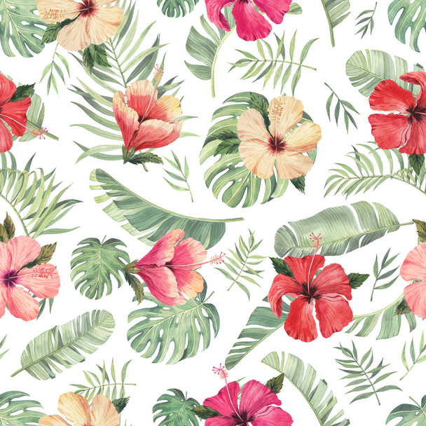 Pattern with beautiful watercolor tropical flowers and leaves. Tropics. Realistic tropical leaves. Tropical flowers. On white background - Photo, image