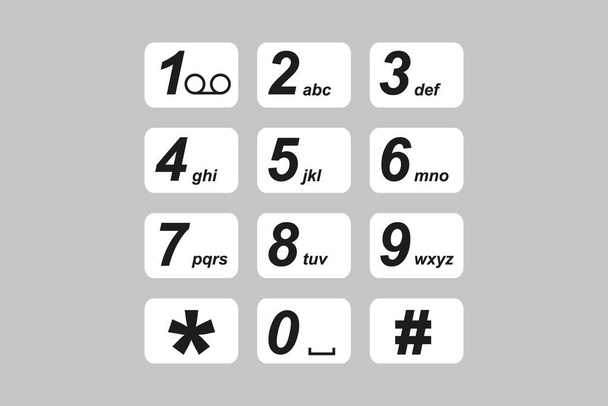 Číselná klávesnice, čísla od nuly do devíti, s jejich písmeny a symboly, jako jsou domácí a mobilní telefony - Vektor, obrázek