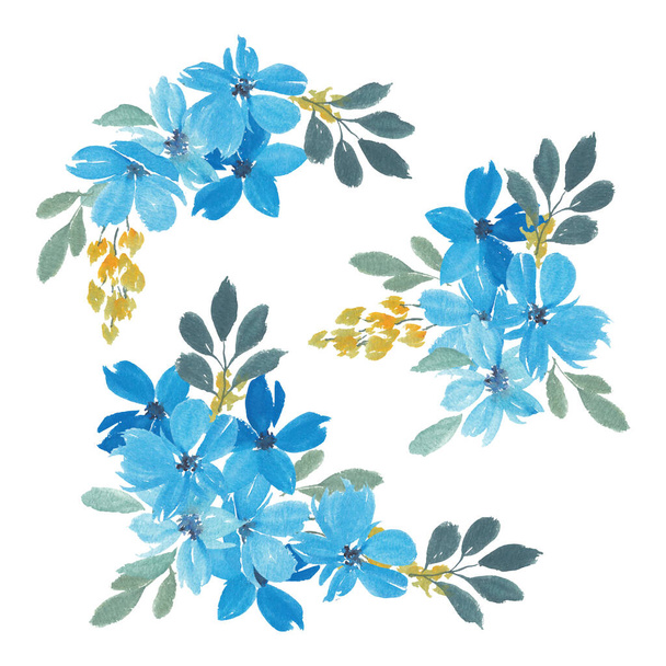 Blue petal watercolor floral bouquet set - Vecteur, image