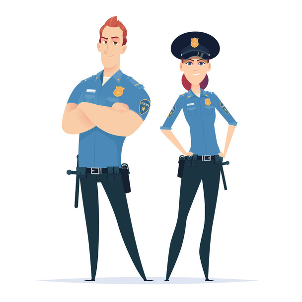 Um casal de polícias de uniforme. Personagens da polícia. Agentes de segurança pública. Guardiões da lei e da ordem
 - Vetor, Imagem