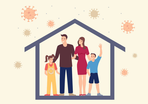 Sinmple flat vector illustration of happy family staying together at home during covid-19 pandemic - Vector, afbeelding