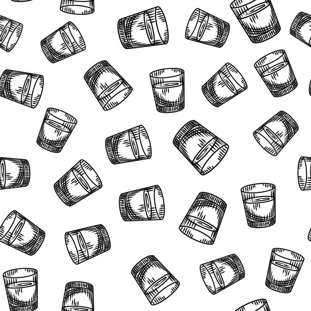 Vodka shot seamless pattern on white background. Full shot glass of alcohol wallpaper. Bar menu design. Transparent drink glass backdrop.Vintage engraved style. Vector illustration - Vecteur, image