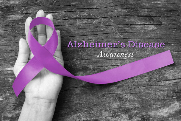 Alzheimer's Disease (AD) Awareness with purple ribbon (clipping path) on human helping hand for World Alzheimers day (month) concept - Foto, Imagen