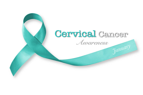 Nastro Teal per aumentare la consapevolezza sul Cancro Cervicale (isolato su sfondo bianco con percorso di ritaglio) - Foto, immagini
