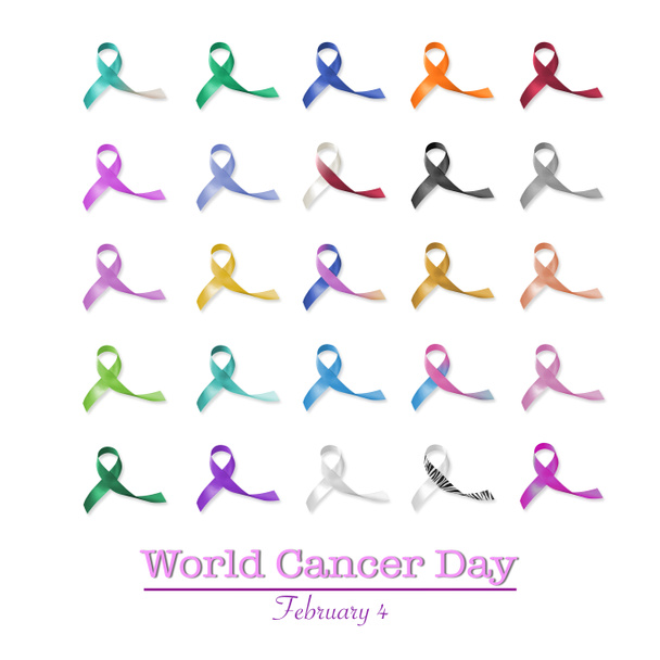 World cancer day, February 4 announcement among multi-color ribbons for raising awareness of all kind tumors  - Photo, Image