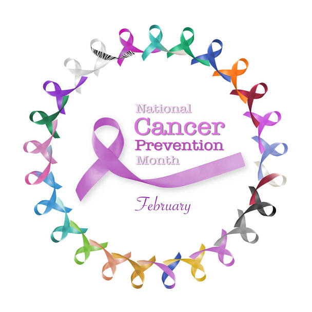 National cancer prevention month, February, with multi-color and lavender purple ribbons for raising awareness of all kind tumors  - Photo, Image
