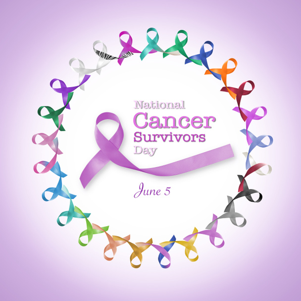 National cancer survivors day, June 5 with multi-color and lavender purple ribbons raising awareness of all kind tumors  - Photo, Image