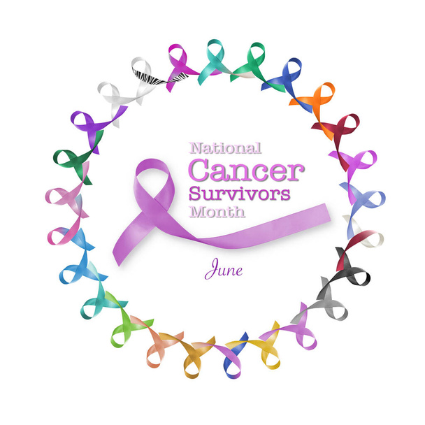 Ulusal Kanserden kurtulanlar Günü, 5 Haziran. Çok renkli ve lavantalı mor kurdeleler her türlü tümörün farkındalığını arttırıyor.  - Fotoğraf, Görsel