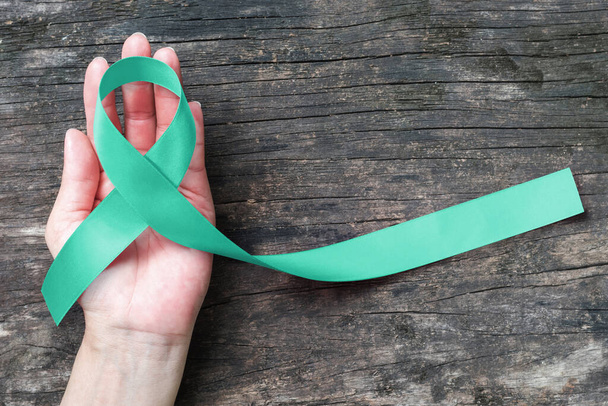 Mint green ribbon awareness for Genetic Disorder, Ivemark Syndrome, Congenital hepatic Fibrosis, and Autosomal Recessive Polycystic Kidney Disease with bow on helping hand support on aged wood - Φωτογραφία, εικόνα
