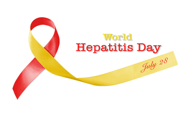 A hepatitisz világnapja és a HIV / HCV társfertőzés felismerése vörös sárga szalaggal (fehér alapon elszigetelt nyírási útvonallal)) - Fotó, kép