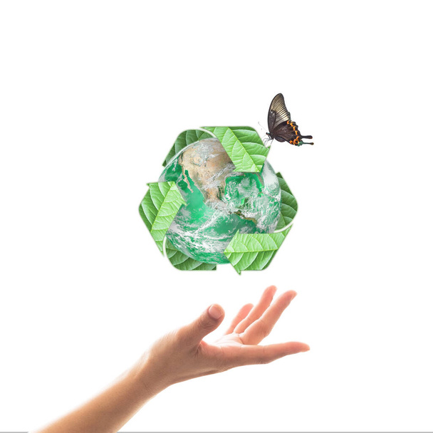 Gestion du recyclage des déchets, concept respectueux de l'environnement avec les mains isolées sur blanc : éléments de cette image fournie par la NASA - Photo, image
