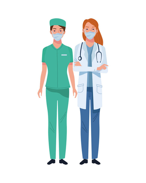 female doctor and surgeon wearing medical masks characters - Vector, Image