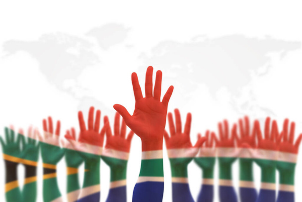 Dél-Afrika nemzeti zászló az emberi jogok, a vezetés és a megbékélés fogalmának fehér hátterében álló vezetői tenyéren (nyírási útvonal) - Fotó, kép