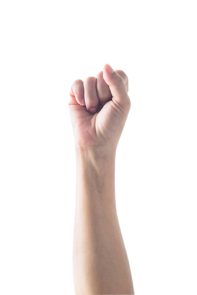Bras isolé de l'homme avec un geste poing sur fond blanc chemin de coupe pour les droits de la femme autonomisation, concept de journée internationale de la femme - Photo, image