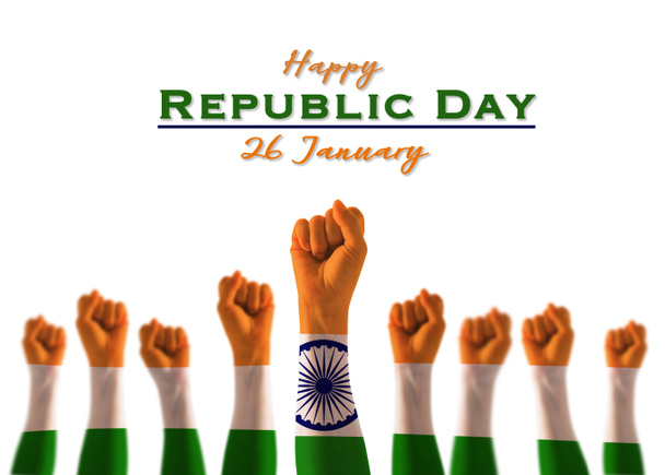 Boldog köztársasági napot január 26-án India nemzeti zászló a vezető öklét fehér alapon az emberi jogok, munkanap koncepció - Fotó, kép
