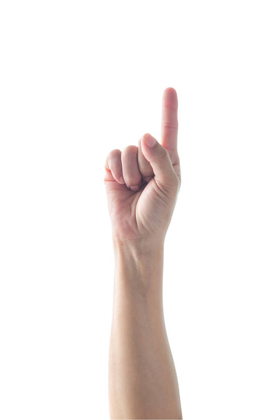 Hand of woman with pointing index finger with rim light isolated on white background (clipping path) for number one 1, showing direction, go straight forward    - Photo, Image