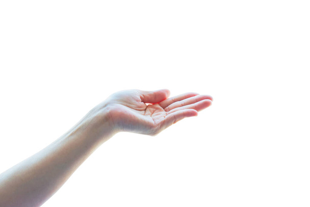 Vereinzelte leere, offene menschliche Hände mit nach oben gehobener Handfläche in Haltehaltung auf weißem Hintergrund - Foto, Bild