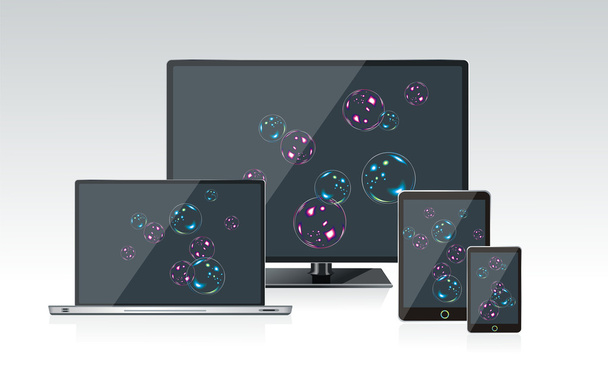 Computer monitor, laptop en tablet pc met een bubbels achtergrond - Vector, afbeelding