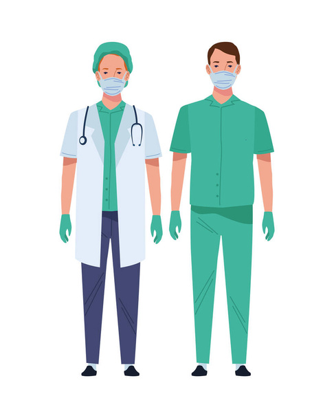 男性医師と外科医が医療マスクのキャラクターを着て - ベクター画像
