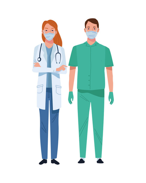 casal médico e cirurgião vestindo personagens máscaras médicas
 - Vetor, Imagem